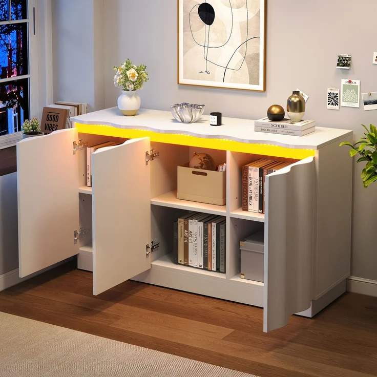 Flieks LED Sideboard, Wellenfront 3 Türen, verstellbaren Einlegeböden, 120 x 39.5 x 69.5 cm, Weiß – Bild 3