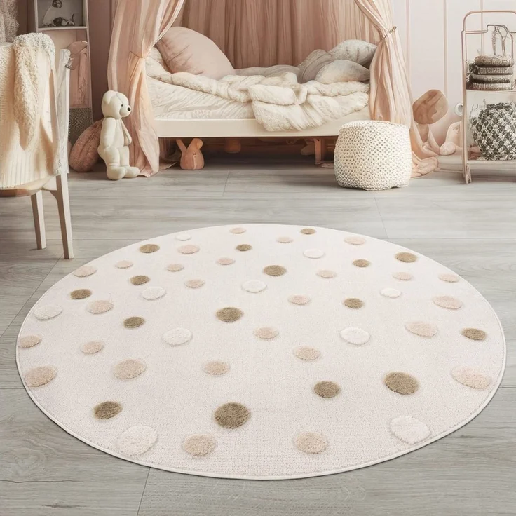 TT Home Teppich Kinderzimmer, Rund, Höhe: 21 mm, Runder Kinderteppich 120/160 cm, Cremefarbener Spielteppich mit Punktd – Bild 5