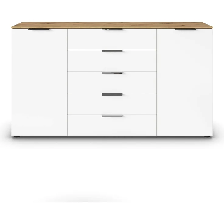 Rauch Möbel Flipp, Kommode für Schlafzimmer, Kinderzimmer, Wohnzimmer, Jugendzimmer, Flur, Garderobe, 2-türig, 5 Schubladen, mit Softclose-Funktion, Farbe Eiche Artisan, Holz/Weiß, Breite 180 cm – Bild 5