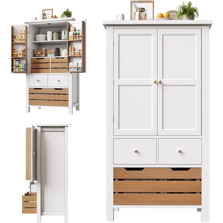Küchenschrank (80x40x140cm), hohes Küchenbuffet, Mehrzweckbuffet, Snackschrank, Aufbewahrungsmöbel mit zwei Türen und fünf Schubladen, schwarz/weiß – Bild 8