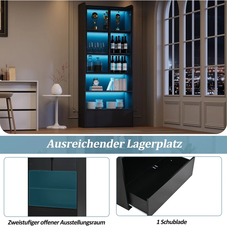 Vitrine 80x34x180 cm in Schwarz, Hochglanz-MDF mit Glastür, LED und Schublade – Bild 9