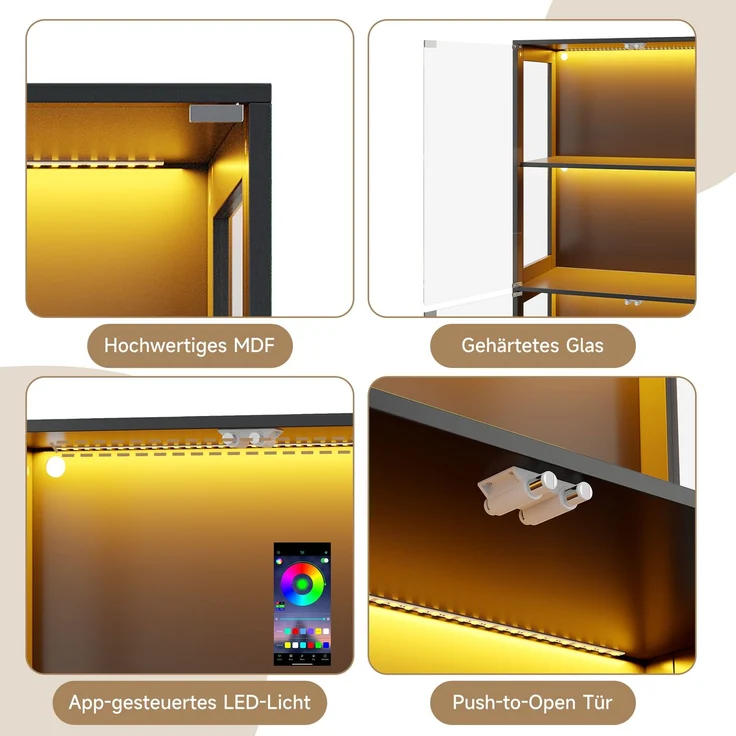Merax 170 cm LED Vitrine, Glas Sammlungsvitrine Transparent, 4 Ebenen Stauraum, App-gesteuertes LED-Licht, Push-to-Open Türen, Vitrine für Figuren & Modelle, Schwarz – Bild 7