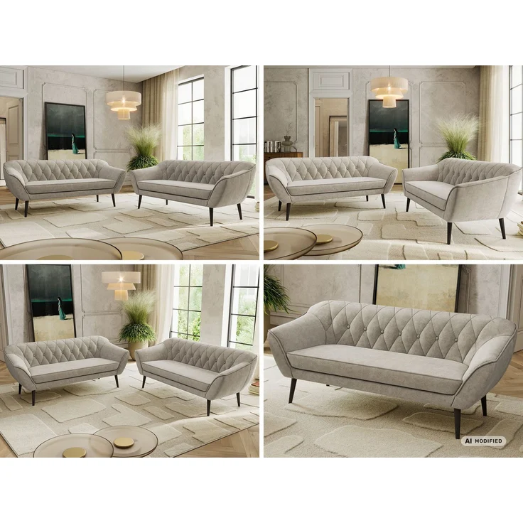 Wohnzimmerset Möbelset PIRS 3-3, Armlehnen, Wellenfederung, schwarze Füße, Dreisitzer Sofa, Polstermöbel Set - Beige Stukture – Bild 2