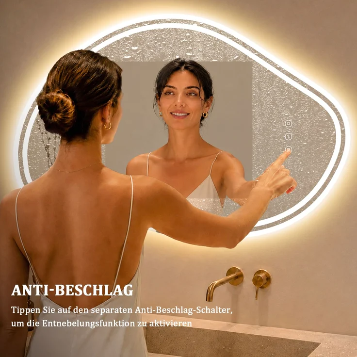 GIMBELEN LED Badezimmerspiegel 90x60 cm, asymmetrischer Wandspiegel mit Beleuchtung, 3 Lichtfarben, dimmbar, Anti-Beschlag, Touch-Schalter, Memory-Funktion, Sicherheitsglas, Weiß – Bild 4