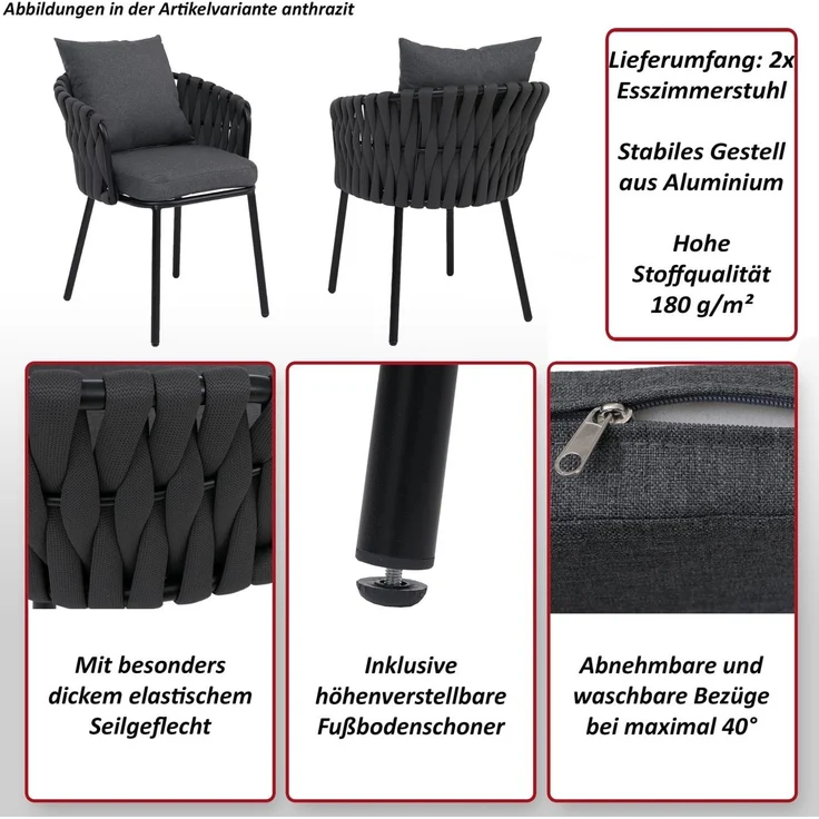 2er-Set Aluminium-Esszimmerstuhl HWC-P89, Indoor Stuhl Armlehne, Stoff/Textil (180 g/m²) Seilgeflecht Rope ~ hellgrau – Bild 2
