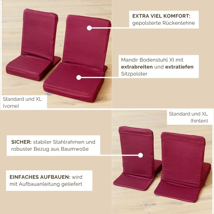 Bodhi Mandir Bodenstuhl XL | Meditationsstuhl mit dickem Sitzkissen | Komfortabler Bodensessel mit gepolsterter Rückenlehne | Waschbarer Bezug | Ideal für Freizeit, Yoga & Meditation (black) – Bild 5