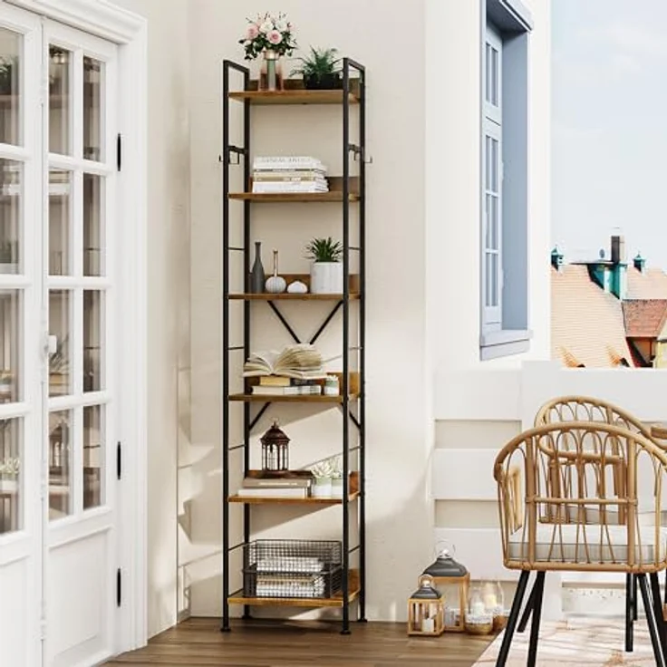 YITAHOME Bücherregal mit 6 Ebenen, Industrielles Standregal, Metallrahmen und Holzregale, Hohes Lagerregal mit 4 Haken, Präsentationsorganizer, für Wohnzimmer, Heimbüro, Vintagebraun Regal – Bild 5