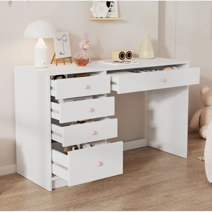 Schreibtisch mit 5 Schubladen und rosa Keramikgriffen aus MDF, 120x45x74 cm, Weiß – Bild 2