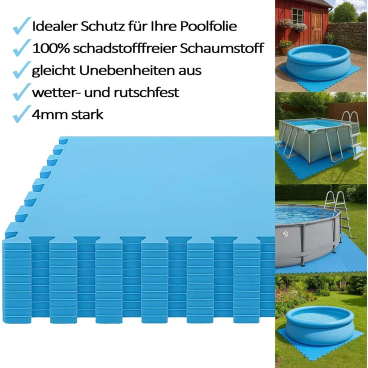 BURI SUMMER Poolmatte 36er Set | 50x50 cm pro Matte | 9,00 m² Gesamtfläche | Blau | Rutschfeste Bodenfliesen für Pool, Whirlpool, Garten & Fitness | 4 mm dick | Erweiterbares Stecksystem – Bild 6
