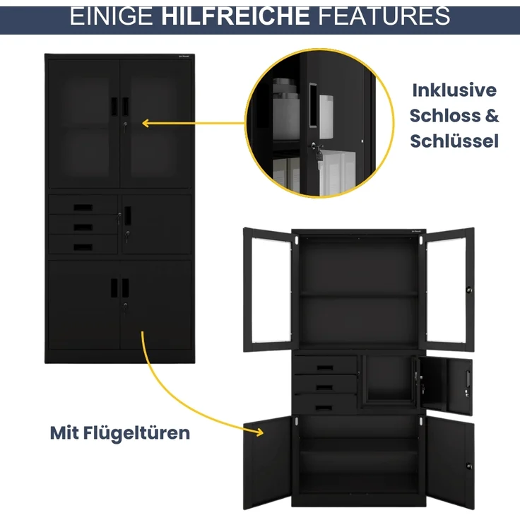 Vitrinenschrank abschließbar GEDO - mit Tresor & Schubladen| Büroschrank aus Stahl Aktenschrank mit Glasfenster Metallschrank Mehrzweckschrank, 185x90x40cm Schwarz – Bild 5