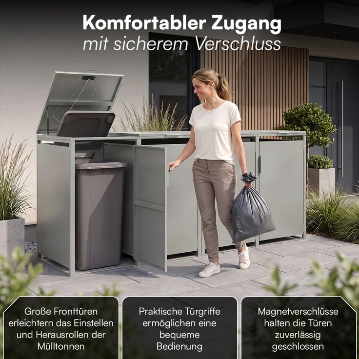 STEELSØN 'Thoria' Mülltonnenbox 4er je 240 Liter, grau, Mülltonnenverkleidung aus Stahl, wetterfest, 116x80x268 cm, Müllbox für 4 Tonnen – Bild 5