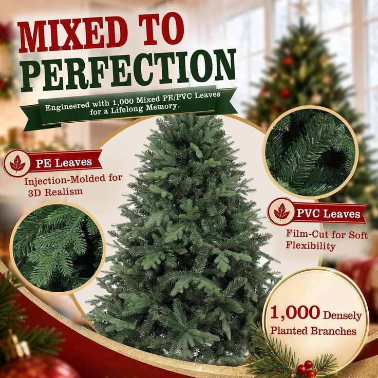 GTPLAYER Künstlicher Weihnachtsbaum 186 cm, schneller Aufbau in 3 Schritten PE+PVC Hybrid, dicht & realistisch, kippsicherer Standfuß, wiederverwendbar, für Wohnzimmer, Zuhause & Büro – Bild 9