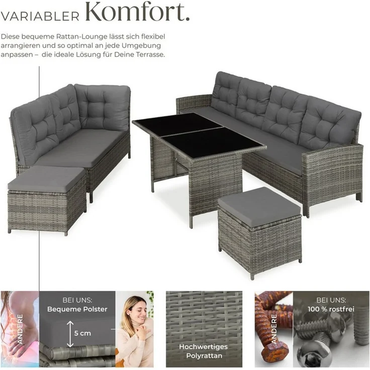 tectake Loungeset Rattan Sitzgruppe mit Sicherheitsglasplatten für 6 bis 8 Personen, (Gartenlounge-set Barletta, 6-tlg, 6-tlg. in Grau-meliert/Grau), widerstandsfähig und UV-beständig, dicke Rückenkissen – Bild 2