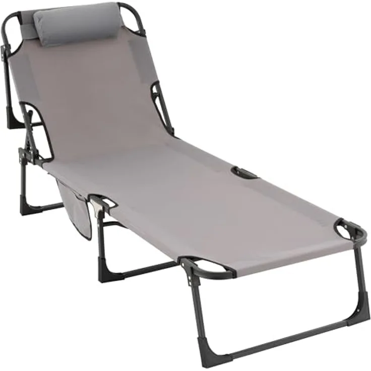 Nexos klappbar 5-Fach verstellbare Sonnenliege mit Kopfkissen grau 182 x 60 x 30 cm Polyester Gartenliege Strand-Liege Stahl-Rahmen wetterfest robust
