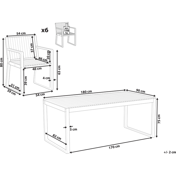 Beliani 'SASSARI II' Essgruppe für 6 Personen, Akazienholz Heller Holzfarbton, 180x90x75 cm – Bild 2