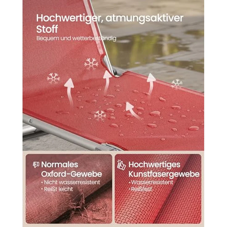 SONGMICS Sonnenliege, klappbarer Liegestuhl, 193 x 55 x 31 cm, max. Belastbarkeit 150 kg, mit Sonnenschutz, verstellbare Rückenlehne, für Terrasse Pool Garten, rot GCB19RD – Bild 7