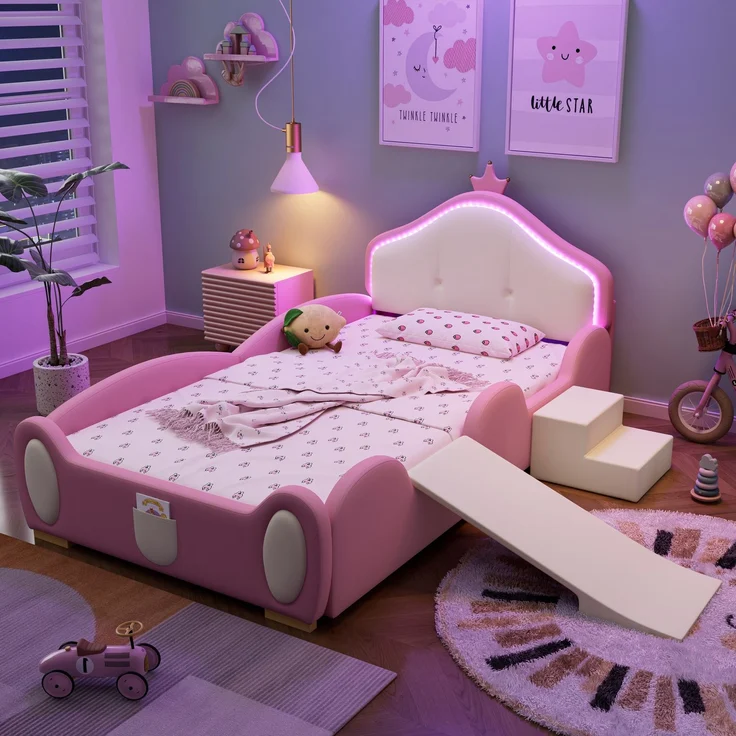 Merax Polsterbett 90x200cm, Crown Cartoon Bett, Mit Multi-Mode-LED-Streifen, Kinderbett mit kleiner Rutsche und Treppe, mit schützenden weichen Kanten, mit Holzlatten, PU, Rosa + Beige – Bild 1