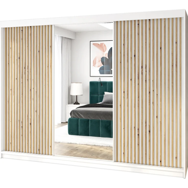 A&J MöbelLand Schwebetürenschrank FARA 200 cm, mit 4 Schubladen, Spiegel, 3D Lamellen – Bild 2