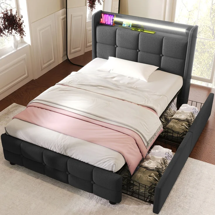 Einzelbett 90 × 200 cm mit Steckdosen,USB-Anschlüssen und LED-Beleuchtung,2 Schubladen,Leinenbezug in Grau – Bild 4