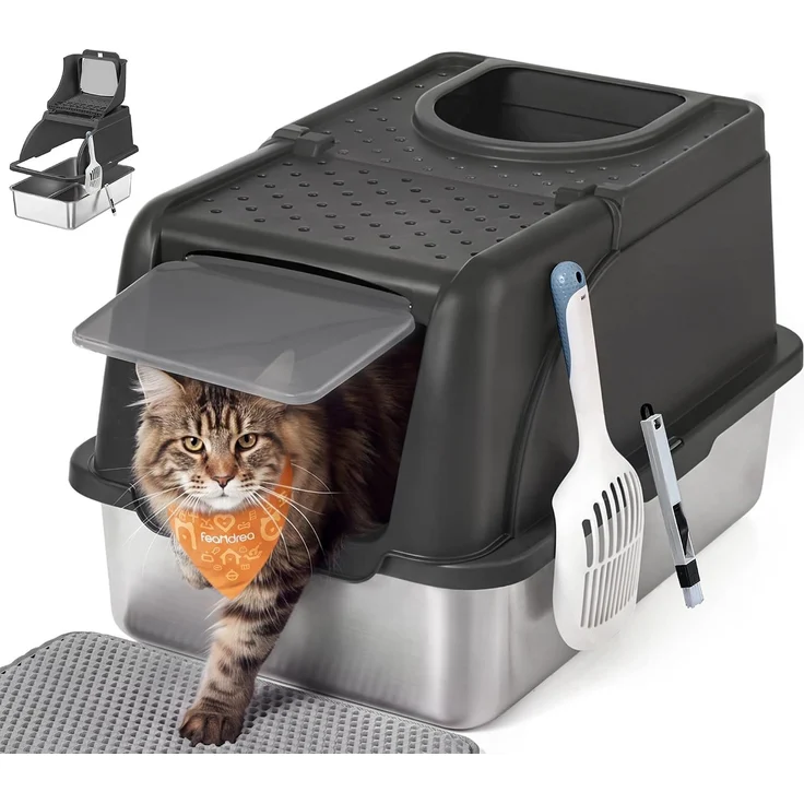 FEANDREA Katzenklo, Katzentoilette, Edelstahl, mit Deckel, Schaufel, Bürste, für Katzen bis 15 kg, schwarz – Bild 1