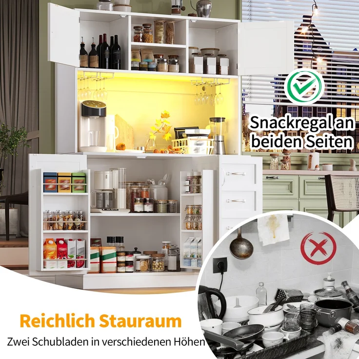 EINHOM Seitenboard / Aufbewahrungsschrank / Küchenschrank / Buffetschrank, 120 x 40 x 188 cm, mit LED-Beleuchtung, Snackregal & Getränkehaltern, 4 Türen & 2 große Schubladen, Grün/Schwarz/Weiß, Weiß – Bild 6