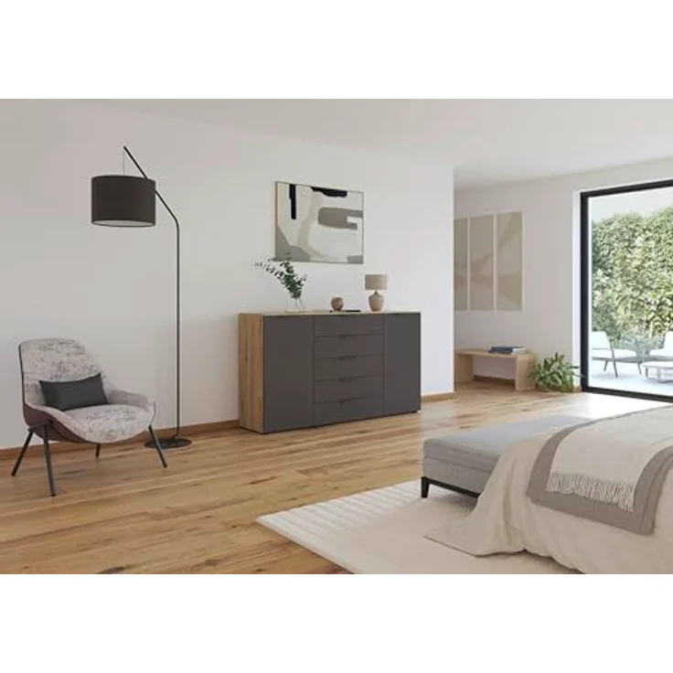 Rauch Möbel Flipp, Kommode für Schlafzimmer, Kinderzimmer, Wohnzimmer, Flur, Garderobe, 2-türig, 5 Schubladen, mit Softclose-Funktion, Farbe Eiche Artisan, Holz/Graphit, Schwarz, Breite 180 cm – Bild 3