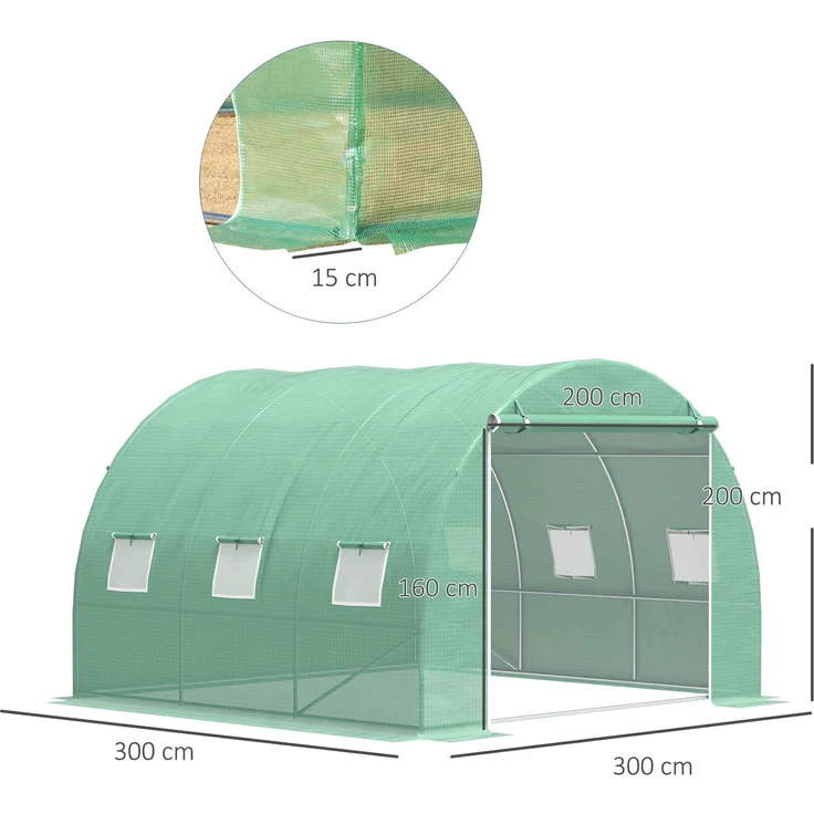 Wohnora-9 m² großes Gartengewächshaus, 3 x 3 x 2 m großer Tunnelgewächshaus mit Rolltor und 6 Fenstern aus grünem PE-Stahlgewebe,H 2000cm x T 1200cm x B 3000cm,Grün – Bild 4