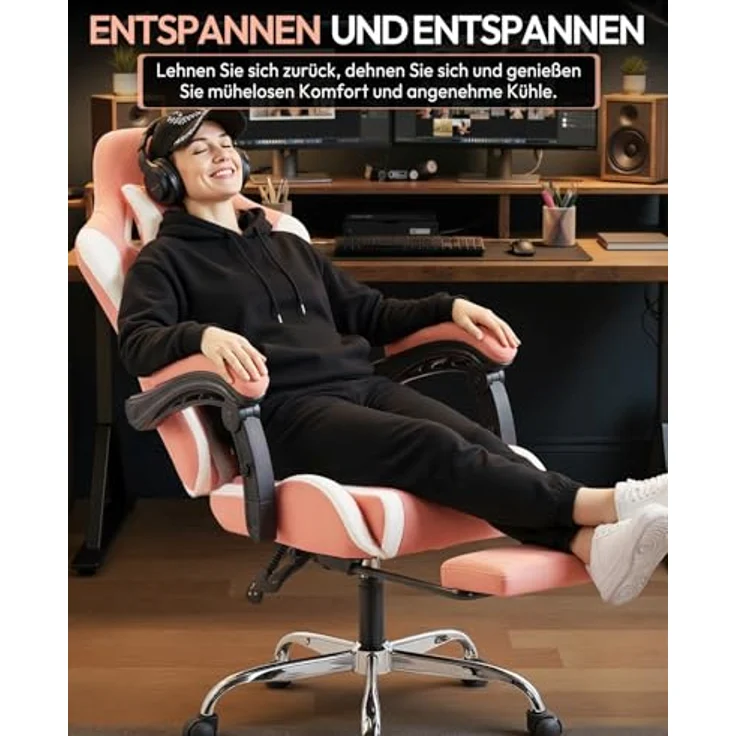 Dowinx Gaming Stuhl Bürostuhl Massage Gaming Sessel mit höhenverstellbaren Linkage-Armlehnen, ergonomischer Gamer Stuhl mit Fußstütze, gepolstert Gaming Chair 150° neigbar bis 180 kg, Rosa – Bild 7