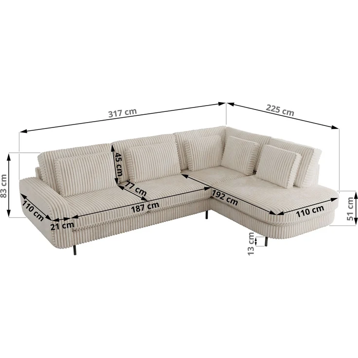 CALENO L-Form Ecksofa 317x225 cm, Massivholz-Rahmen & Wellenfedern, Sitzhöhe 51 cm, modernes Polstersofa rückenecht bezogen & freistehend - Beige Cord - Links Seite – Bild 8
