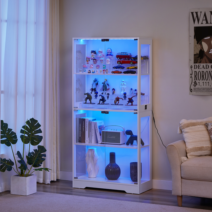 Glasvitrine 80x35x165 cm in Weiß mit LED-Licht und Bewegungssensor – Bild 3