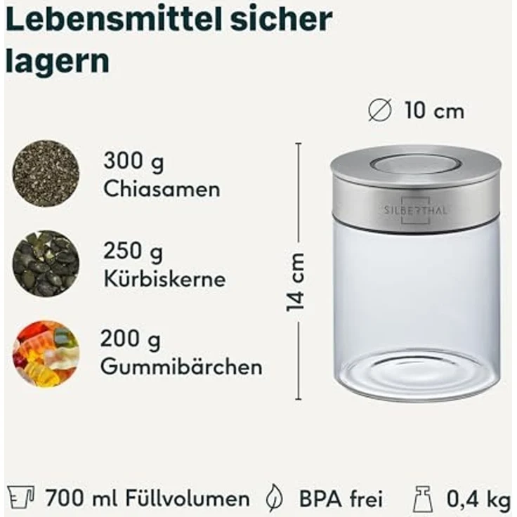 SILBERTHAL Vorratsglas 700 ml, Vorratsdose mit Klickdeckel, Glas, Edelstahl, (Einzeln, 1-tlg), Luftdicht & Mottensicher – Bild 6