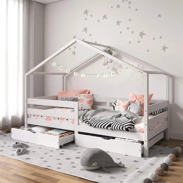 IDIMEX Kinderbett ENA, Hausbett Montessori 90 x 200 Bett Rausfallschutz Kiefer Schubladen Kin
