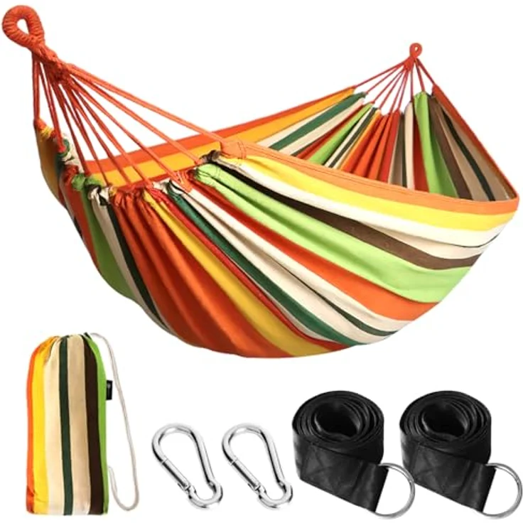 ANYOO Hängematte Outdoor Baumwolle Bequemer Stoff mit Baumfreundlichen Gurten zum Aufhängen, Robuste Tragbare Hängematte mit Reisetasche für Garten, Indoor, Balkon, Terrasse, Camping – Bild 2