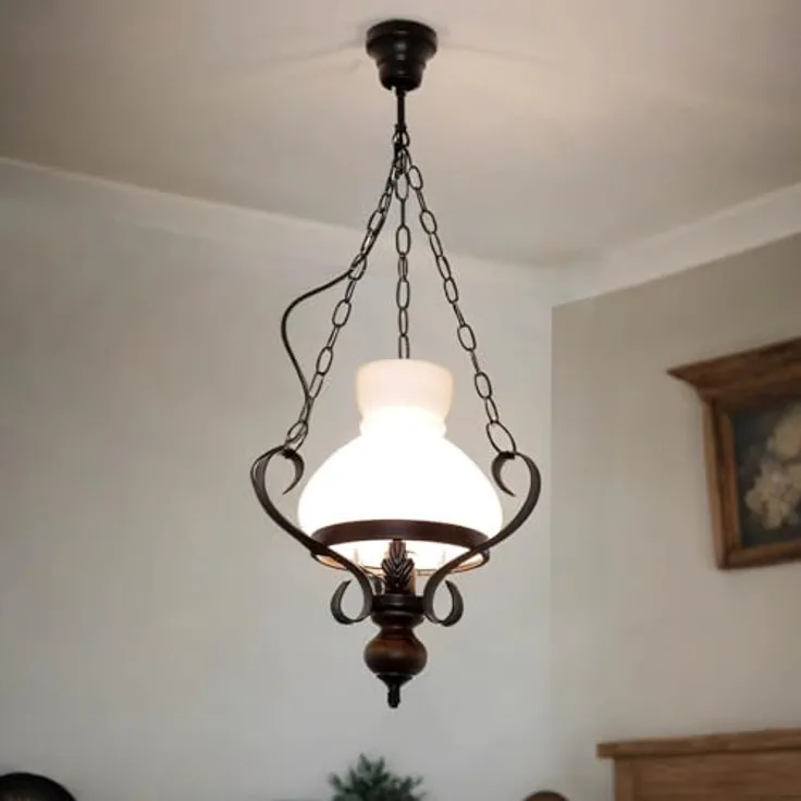 Licht-Erlebnisse Pendelleuchte Petronel, Aluminiumguss mit Fuß aus Walnuss Holz und satiniertem Glas, Landhaus Stil