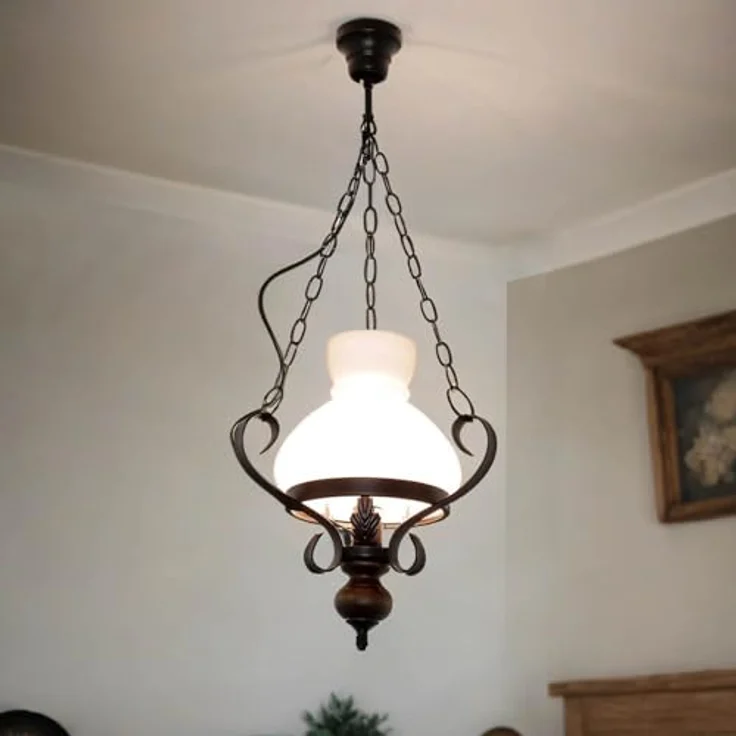 Licht-Erlebnisse Pendelleuchte Petronel, Aluminiumguss mit Fuß aus Walnuss Holz und satiniertem Glas, Landhaus Stil – Bild 1
