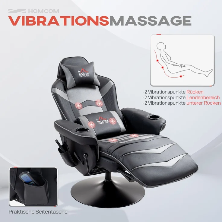 MELAYR, Gamingsessel, Massagefunktion, neigbare Lehne, Fußstütze, bis 120 kg, 78 x 82.5 x 111.5 cm, Schwarz+Grau – Bild 6