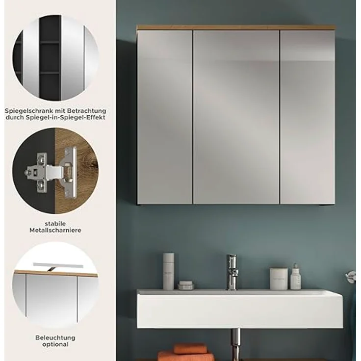 Xonox Canu Spiegelschrank (B/H/T: 80x55x34 cm) in Basalt grau Nachbildung und Artisan Nachbildung – Bild 8