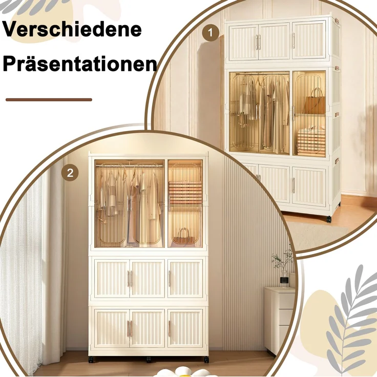 Kleiderschrank aus Kunststoff, faltbar mit 9 Magnettüren, 92x45x158 cm, Cremeweiß – Bild 8