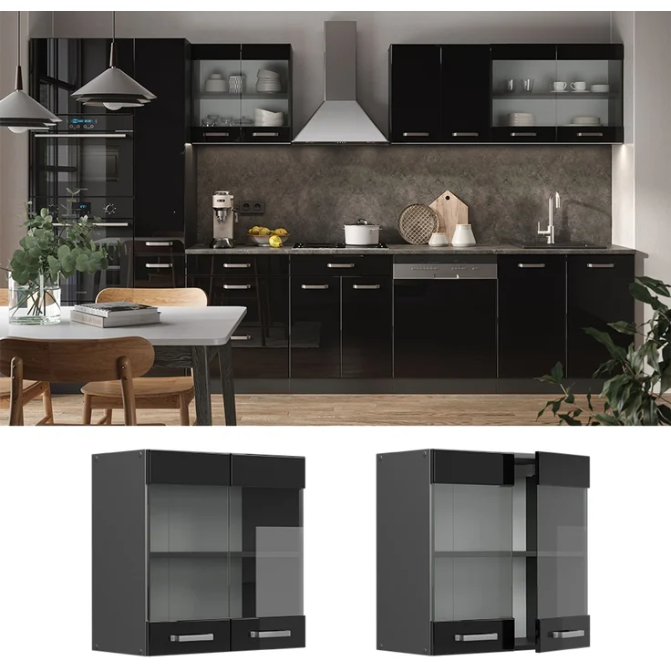 Küchenglasschrank R-Line Schwarz Hochglanz 60 cm Vicco – Bild 2