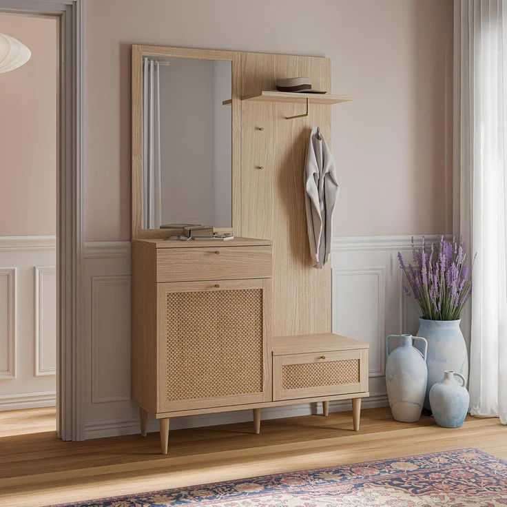 Forte CALASETTA Garderobe 120, 2 Schubladen, 1 Tür, mit Spiegel, Kleiderstange und Ablageflächen, Holzwerkstoff, Elegancia Eiche Holzdekor | Technorattan, 115,1 cm breit x 198 cm hoch x 41,4 cm tief – Bild 1