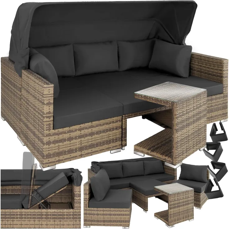 tectake Loungeset Rattan Lounge, (Set, 7-tlg), Klappbarer Sonnenschutz