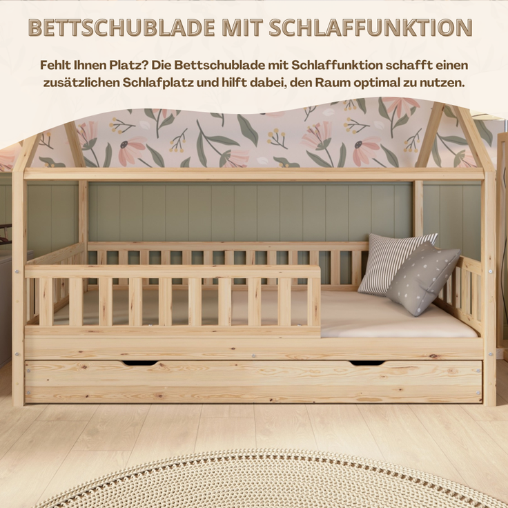 Crazy Pine 'Crazy Blanco' Hausbett mit Rausfallschutz, Skandinavisches Design, Naturholz, Natur, 120x200 cm, mit Ausziehbett – Bild 8