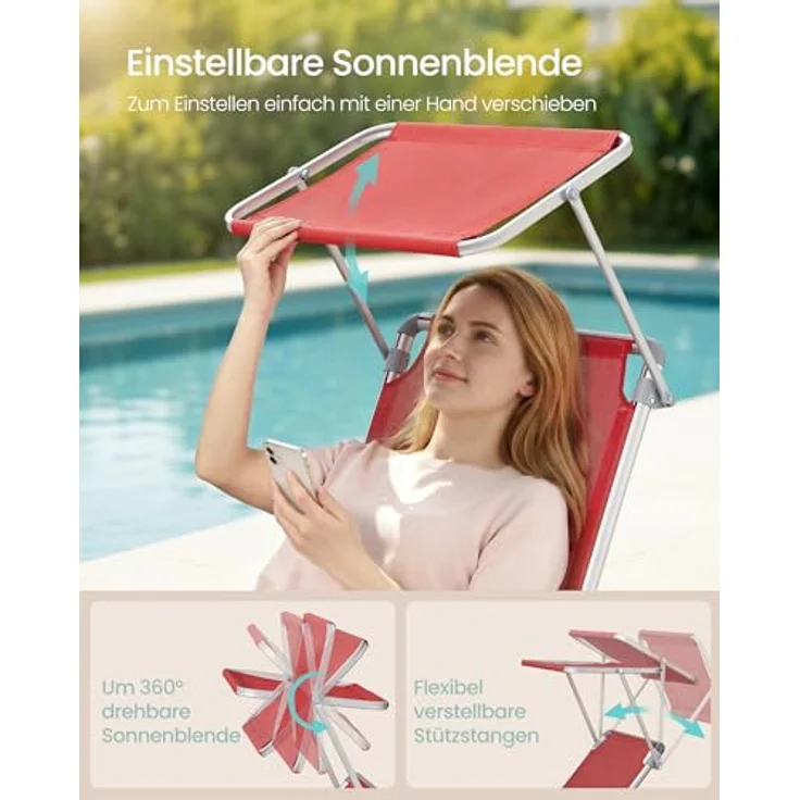 SONGMICS Sonnenliege, klappbarer Liegestuhl, 193 x 55 x 31 cm, max. Belastbarkeit 150 kg, mit Sonnenschutz, verstellbare Rückenlehne, für Terrasse Pool Garten, rot GCB19RD – Bild 5