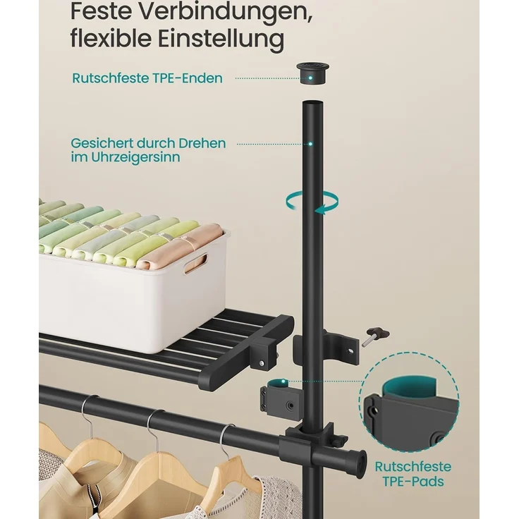 Songmics deckenhocher Kleiderständer, höhen- und breitenverstellbar, mit abnehmbaren Ablagen, Stahl / Kunststoff mattschwarz, 33,5 x (162-238) x (208-310) cm – Bild 5