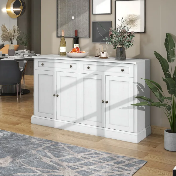 Sideboard Buffetschrank Weiß mit Naturholzplatte, 4 Türen & 2 Schubladen, großer Aufbewahrungsschrank für Küche Wohnzimmer Flur