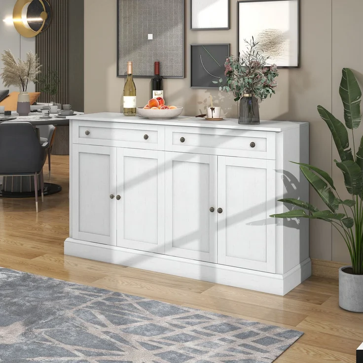 Sideboard Buffetschrank Weiß mit Naturholzplatte, 4 Türen & 2 Schubladen, großer Aufbewahrungsschrank für Küche Wohnzimmer Flur – Bild 1