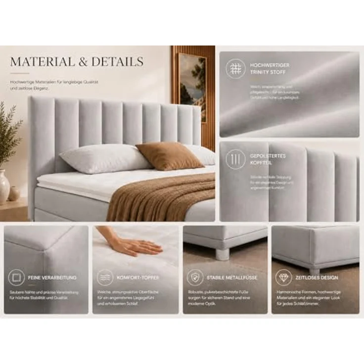 Best For Home Boxbett Trinity K-10, Silber, Boxspringbett 180x200 cm mit Bettkasten, Höhe ca. 18 cm – Bild 5