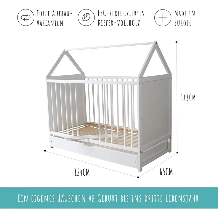 Kids Collective Babybett mit Matratze und Schublade Gitterbett Kinderbett Hausbett 60x120 cm weiß höhenverstellbar und umbaubar Beistellbett 60x120 – Bild 7