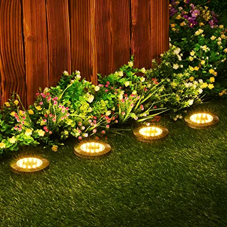 GIGALUMI Solar Bodenleuchten 12 LEDs 8 Stück Solarleuchten Warmweiß Gartenleuchten Edelstahl Wasserdicht für außen, Garten, Terrasse, Rasen, Hof, Gehweg – Bild 8