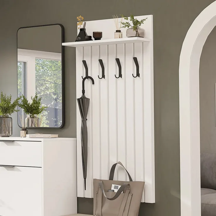 Roomart NORD Garderobenpaneel 130 cm – Wandgarderobe mit 4 Doppelhaken & Hutablage in Lamellenoptik – H 130 x B 69.2 x T 18.6 cm • Weiß